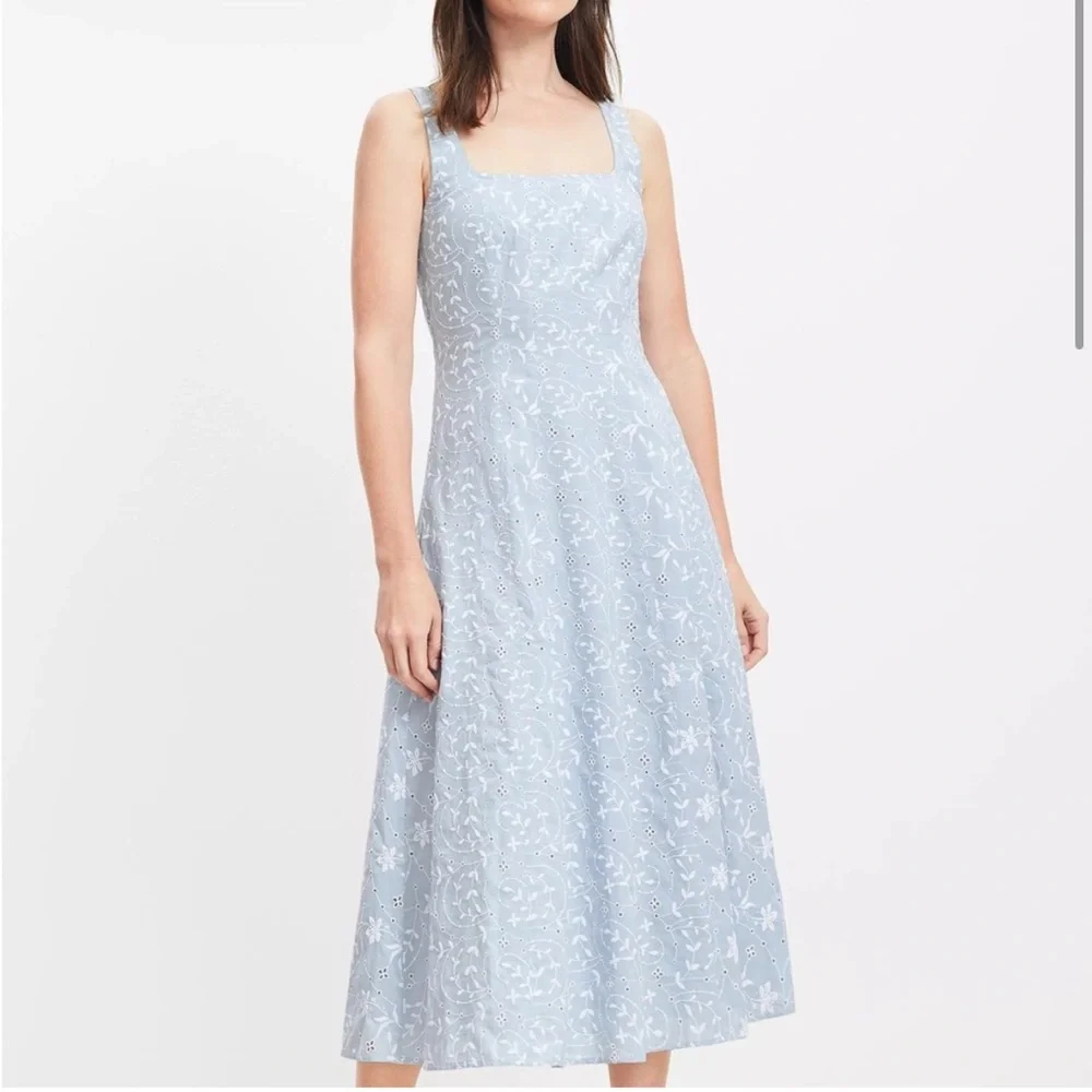 NWOT Loft blue floral embroidered square neck dress - Picture 2 of 5